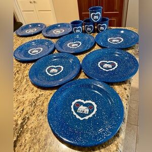 TRES Blue Enamelware 10 1/4" R Plates cups Home & Hearts vintage rare